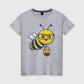 Женская футболка хлопок с принтом Милая пчёлка с мёдом в Екатеринбурге, 100% хлопок | прямой крой, круглый вырез горловины, длина до линии бедер, слегка спущенное плечо | Тематика изображения на принте: 