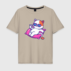 Мужская футболка хлопок Oversize с принтом Котик на расслабоне в Тюмени, 100% хлопок | свободный крой, круглый ворот, “спинка” длиннее передней части | 