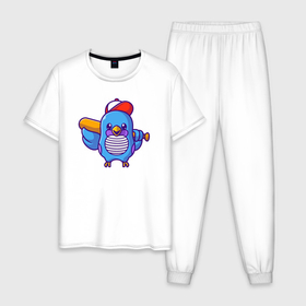 Мужская пижама хлопок с принтом Птичка бейсболист в Тюмени, 100% хлопок | брюки и футболка прямого кроя, без карманов, на брюках мягкая резинка на поясе и по низу штанин
 | 