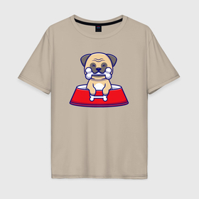 Мужская футболка хлопок Oversize с принтом Бульдог обедает в Тюмени, 100% хлопок | свободный крой, круглый ворот, “спинка” длиннее передней части | Тематика изображения на принте: 