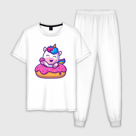Мужская пижама хлопок с принтом Весёлый единорог и пончик , 100% хлопок | брюки и футболка прямого кроя, без карманов, на брюках мягкая резинка на поясе и по низу штанин
 | 