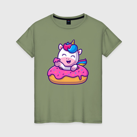 Женская футболка хлопок с принтом Весёлый единорог и пончик в Тюмени, 100% хлопок | прямой крой, круглый вырез горловины, длина до линии бедер, слегка спущенное плечо | 