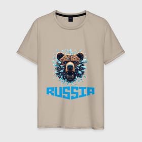 Мужская футболка хлопок с принтом Russian bear head в Белгороде, 100% хлопок | прямой крой, круглый вырез горловины, длина до линии бедер, слегка спущенное плечо. | 