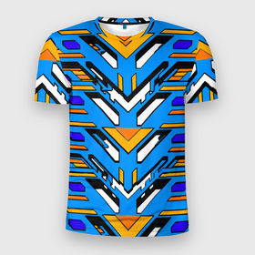 Мужская футболка 3D Slim с принтом Техно броня жёлто синяя в Екатеринбурге, 100% полиэстер с улучшенными характеристиками | приталенный силуэт, круглая горловина, широкие плечи, сужается к линии бедра | 