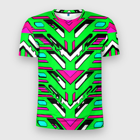 Мужская футболка 3D Slim с принтом Техно броня розово зелёная в Екатеринбурге, 100% полиэстер с улучшенными характеристиками | приталенный силуэт, круглая горловина, широкие плечи, сужается к линии бедра | 