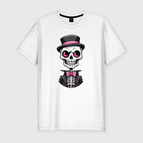 Мужская футболка хлопок Slim с принтом Скелет в шляпе розовый в Белгороде, 92% хлопок, 8% лайкра | приталенный силуэт, круглый вырез ворота, длина до линии бедра, короткий рукав | 