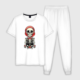 Мужская пижама хлопок с принтом Скелет с бабочкой красный в Екатеринбурге, 100% хлопок | брюки и футболка прямого кроя, без карманов, на брюках мягкая резинка на поясе и по низу штанин
 | 