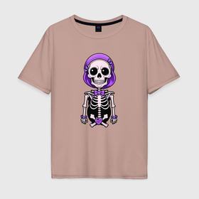 Мужская футболка хлопок Oversize с принтом Скелет с бабочкой фиолетовый в Екатеринбурге, 100% хлопок | свободный крой, круглый ворот, “спинка” длиннее передней части | 
