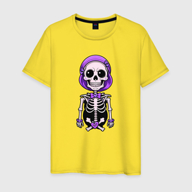 Мужская футболка хлопок с принтом Скелет с бабочкой фиолетовый в Курске, 100% хлопок | прямой крой, круглый вырез горловины, длина до линии бедер, слегка спущенное плечо. | 