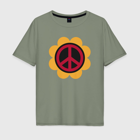 Мужская футболка хлопок Oversize с принтом Peace flower в Екатеринбурге, 100% хлопок | свободный крой, круглый ворот, “спинка” длиннее передней части | 