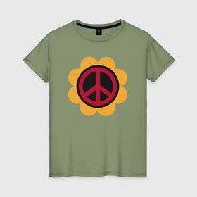 Женская футболка хлопок с принтом Peace flower в Кировске, 100% хлопок | прямой крой, круглый вырез горловины, длина до линии бедер, слегка спущенное плечо | 