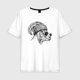 Мужская футболка хлопок Oversize с принтом Барашек в шапке и очках в Санкт-Петербурге, 100% хлопок | свободный крой, круглый ворот, “спинка” длиннее передней части | 