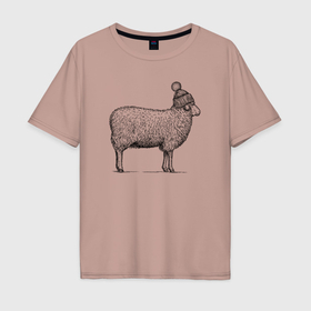 Мужская футболка хлопок Oversize с принтом Овца в шапке с помпоном , 100% хлопок | свободный крой, круглый ворот, “спинка” длиннее передней части | 
