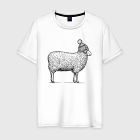 Мужская футболка хлопок с принтом Овца в шапке с помпоном , 100% хлопок | прямой крой, круглый вырез горловины, длина до линии бедер, слегка спущенное плечо. | 