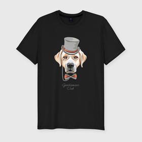 Мужская футболка хлопок Slim с принтом Собака с бабочкой в шляпе в Курске, 92% хлопок, 8% лайкра | приталенный силуэт, круглый вырез ворота, длина до линии бедра, короткий рукав | 