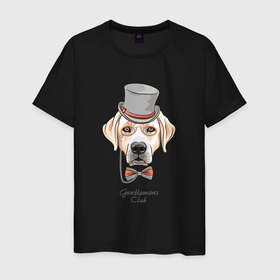 Мужская футболка хлопок с принтом Собака с бабочкой в шляпе в Курске, 100% хлопок | прямой крой, круглый вырез горловины, длина до линии бедер, слегка спущенное плечо. | 