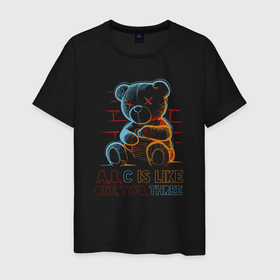 Мужская футболка хлопок с принтом Игрушечный неоновый мишка в Санкт-Петербурге, 100% хлопок | прямой крой, круглый вырез горловины, длина до линии бедер, слегка спущенное плечо. | 