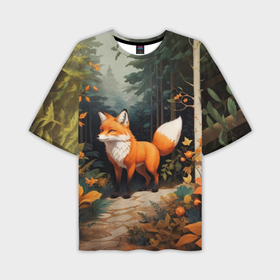 Мужская футболка oversize 3D с принтом Лисёнок на лесной прогулке ,  |  | 