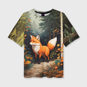 Женская футболка oversize 3D с принтом Лисёнок на лесной прогулке ,  |  | 