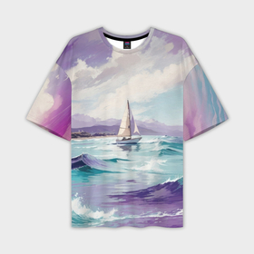 Мужская футболка oversize 3D с принтом Яхта идущая по волнам в Курске,  |  | 