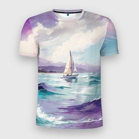 Мужская футболка 3D Slim с принтом Яхта идущая по волнам в Курске, 100% полиэстер с улучшенными характеристиками | приталенный силуэт, круглая горловина, широкие плечи, сужается к линии бедра | 