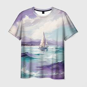 Мужская футболка 3D с принтом Яхта идущая по волнам в Курске, 100% полиэфир | прямой крой, круглый вырез горловины, длина до линии бедер | Тематика изображения на принте: 