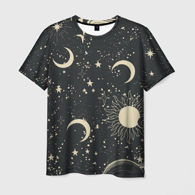 Мужская футболка 3D с принтом Звёздная карта с лунами и солнцем в Курске, 100% полиэфир | прямой крой, круглый вырез горловины, длина до линии бедер | 