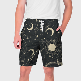 Мужские шорты 3D с принтом Звёздная карта с лунами и солнцем в Кировске,  полиэстер 100% | прямой крой, два кармана без застежек по бокам. Мягкая трикотажная резинка на поясе, внутри которой широкие завязки. Длина чуть выше колен | 