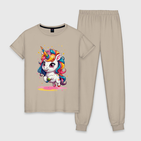 Женская пижама хлопок с принтом Радужный малыш единорог , 100% хлопок | брюки и футболка прямого кроя, без карманов, на брюках мягкая резинка на поясе и по низу штанин | 