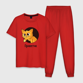 Мужская пижама хлопок с принтом Приветствующий котик в Тюмени, 100% хлопок | брюки и футболка прямого кроя, без карманов, на брюках мягкая резинка на поясе и по низу штанин
 | 