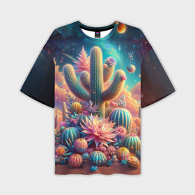 Мужская футболка oversize 3D с принтом Кактусы цветущие под космическим небом в Кировске,  |  | 