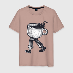 Мужская футболка хлопок с принтом Кофейный человечек в Санкт-Петербурге, 100% хлопок | прямой крой, круглый вырез горловины, длина до линии бедер, слегка спущенное плечо. | 