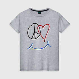 Женская футболка хлопок с принтом Peace love smile , 100% хлопок | прямой крой, круглый вырез горловины, длина до линии бедер, слегка спущенное плечо | 