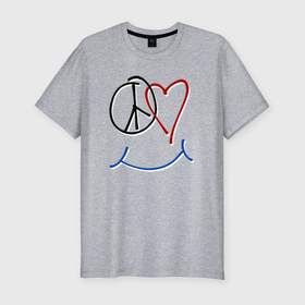 Мужская футболка хлопок Slim с принтом Peace love smile в Кировске, 92% хлопок, 8% лайкра | приталенный силуэт, круглый вырез ворота, длина до линии бедра, короткий рукав | 