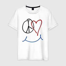 Мужская футболка хлопок с принтом Peace love smile в Курске, 100% хлопок | прямой крой, круглый вырез горловины, длина до линии бедер, слегка спущенное плечо. | Тематика изображения на принте: 