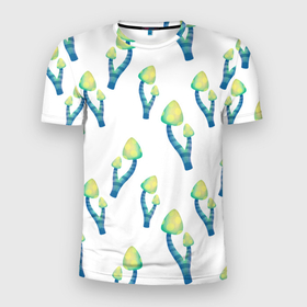 Мужская футболка 3D Slim с принтом Акварельные неоновые грибы в Новосибирске, 100% полиэстер с улучшенными характеристиками | приталенный силуэт, круглая горловина, широкие плечи, сужается к линии бедра | 