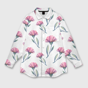 Женская рубашка oversize 3D с принтом Розовые цветы гвоздики на белом в Екатеринбурге,  |  | 