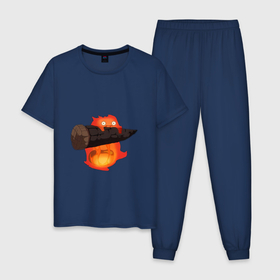 Мужская пижама хлопок с принтом Кальцифер ходячий замок , 100% хлопок | брюки и футболка прямого кроя, без карманов, на брюках мягкая резинка на поясе и по низу штанин
 | 