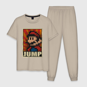 Мужская пижама хлопок с принтом Jump Mario в Петрозаводске, 100% хлопок | брюки и футболка прямого кроя, без карманов, на брюках мягкая резинка на поясе и по низу штанин
 | Тематика изображения на принте: 