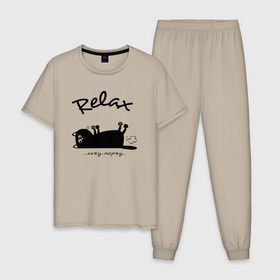 Мужская пижама хлопок с принтом Котик мем релакс в Белгороде, 100% хлопок | брюки и футболка прямого кроя, без карманов, на брюках мягкая резинка на поясе и по низу штанин
 | 