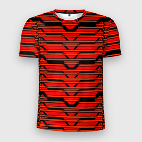 Мужская футболка 3D Slim с принтом Техно броня красная в Екатеринбурге, 100% полиэстер с улучшенными характеристиками | приталенный силуэт, круглая горловина, широкие плечи, сужается к линии бедра | 