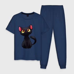 Мужская пижама хлопок с принтом Черный кот с желтыми глазами в Петрозаводске, 100% хлопок | брюки и футболка прямого кроя, без карманов, на брюках мягкая резинка на поясе и по низу штанин
 | 