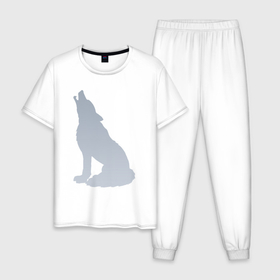 Мужская пижама хлопок с принтом Серебряный силуэт волка в Тюмени, 100% хлопок | брюки и футболка прямого кроя, без карманов, на брюках мягкая резинка на поясе и по низу штанин
 | 
