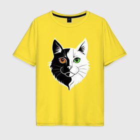 Мужская футболка хлопок Oversize с принтом Кошка с разноцветными глазами в Новосибирске, 100% хлопок | свободный крой, круглый ворот, “спинка” длиннее передней части | 