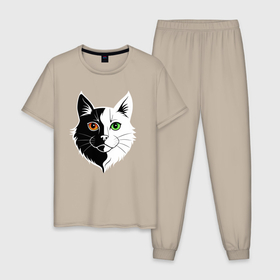 Мужская пижама хлопок с принтом Кошка с разноцветными глазами в Новосибирске, 100% хлопок | брюки и футболка прямого кроя, без карманов, на брюках мягкая резинка на поясе и по низу штанин
 | 