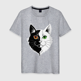 Мужская футболка хлопок с принтом Кошка с разноцветными глазами в Новосибирске, 100% хлопок | прямой крой, круглый вырез горловины, длина до линии бедер, слегка спущенное плечо. | 