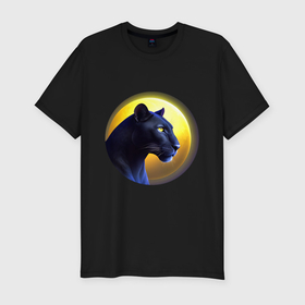 Мужская футболка хлопок Slim с принтом Черная пантера на фоне Луны в Кировске, 92% хлопок, 8% лайкра | приталенный силуэт, круглый вырез ворота, длина до линии бедра, короткий рукав | 