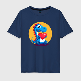 Мужская футболка хлопок Oversize с принтом Динозаврик с сердечком в Санкт-Петербурге, 100% хлопок | свободный крой, круглый ворот, “спинка” длиннее передней части | 