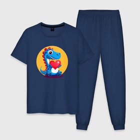 Мужская пижама хлопок с принтом Динозаврик с сердечком в Кировске, 100% хлопок | брюки и футболка прямого кроя, без карманов, на брюках мягкая резинка на поясе и по низу штанин
 | 