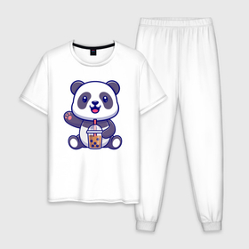 Мужская пижама хлопок с принтом Панда привет , 100% хлопок | брюки и футболка прямого кроя, без карманов, на брюках мягкая резинка на поясе и по низу штанин
 | 